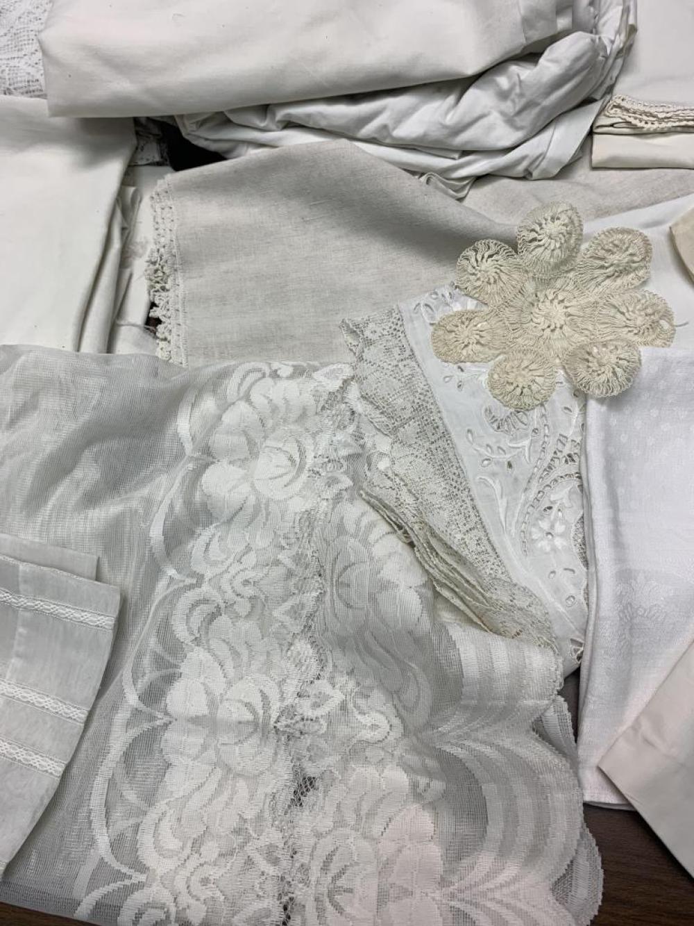 LARGE BOX LOT OF LACE LINENS, TABLE