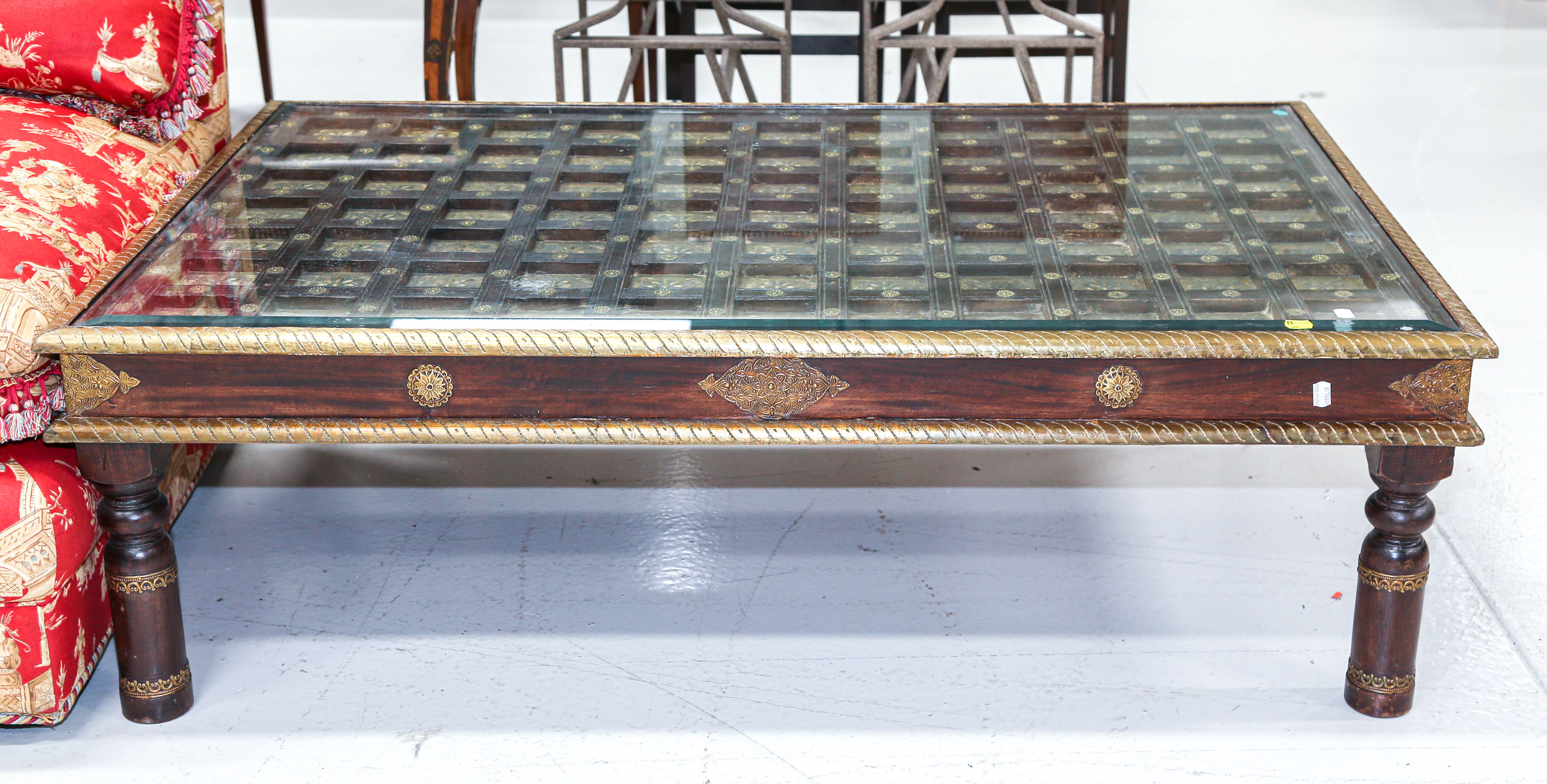 LARGE BRASS-MOUNTED COFFEE TABLE