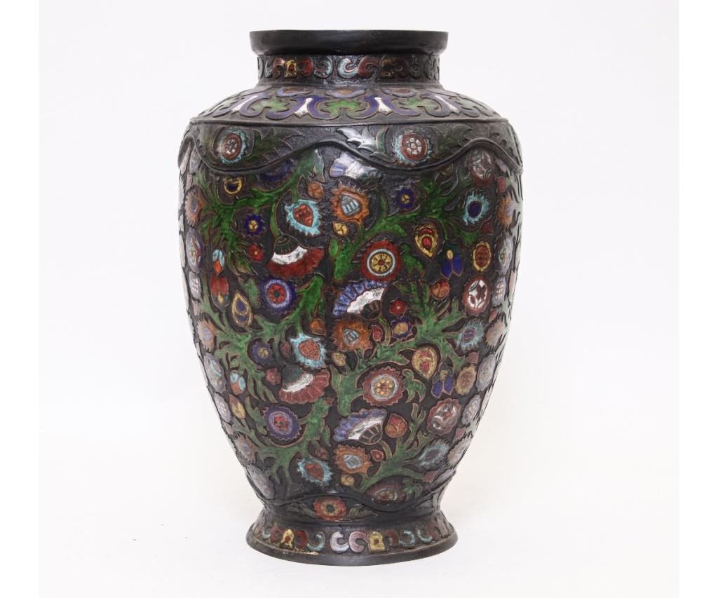 Large bronze champleve vase,