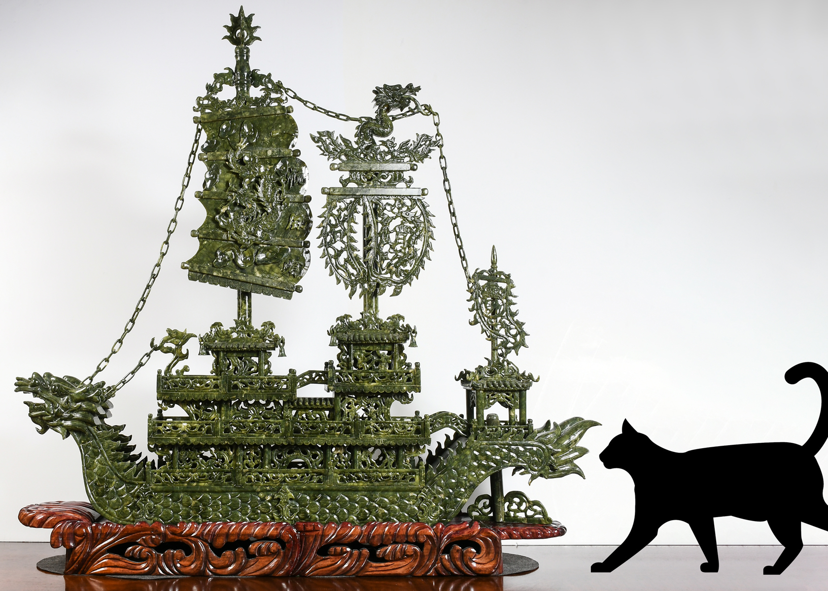 LARGE CARVED JADE DRAGON BOAT W/