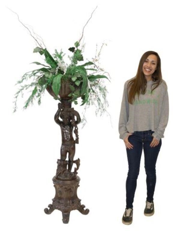 LARGE CARVED PUTTO PEDESTAL PLANT