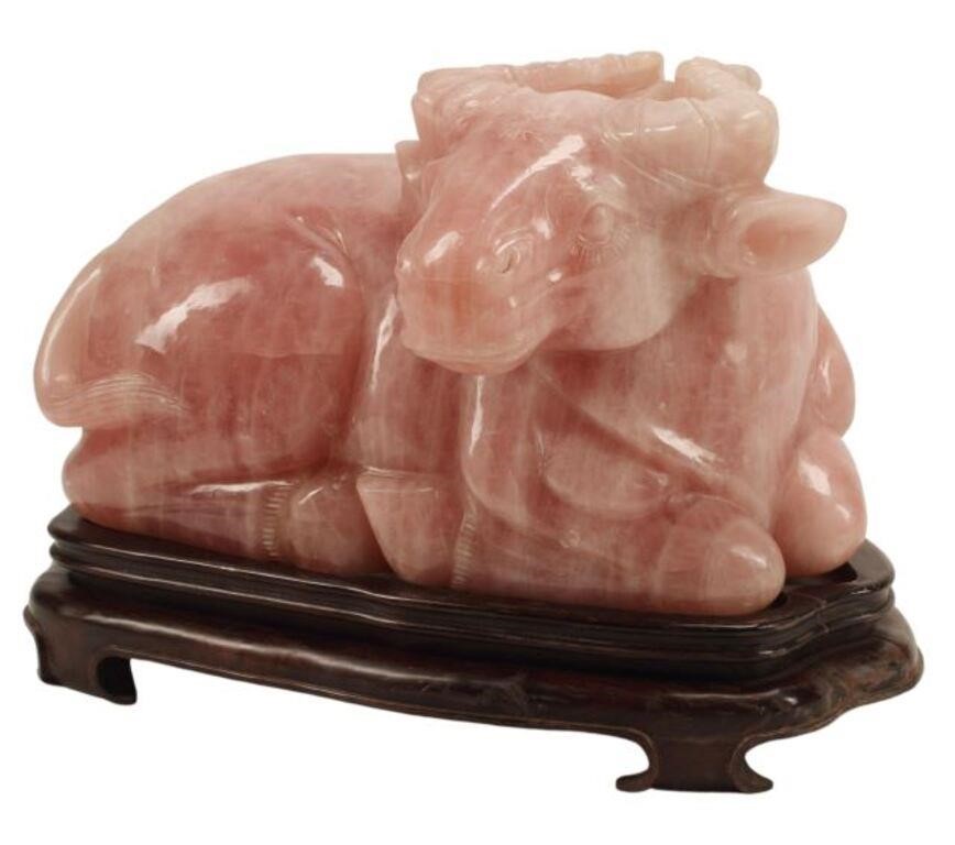 LARGE CARVED ROSE QUARTZ BUFFALO ON
