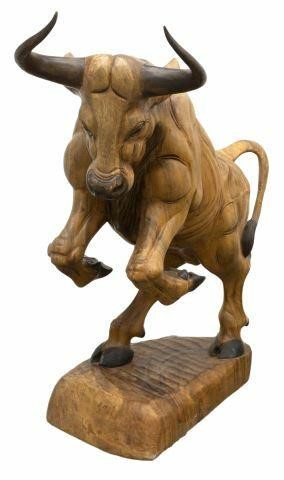 LARGE CARVED WOOD FIGURE, REARING