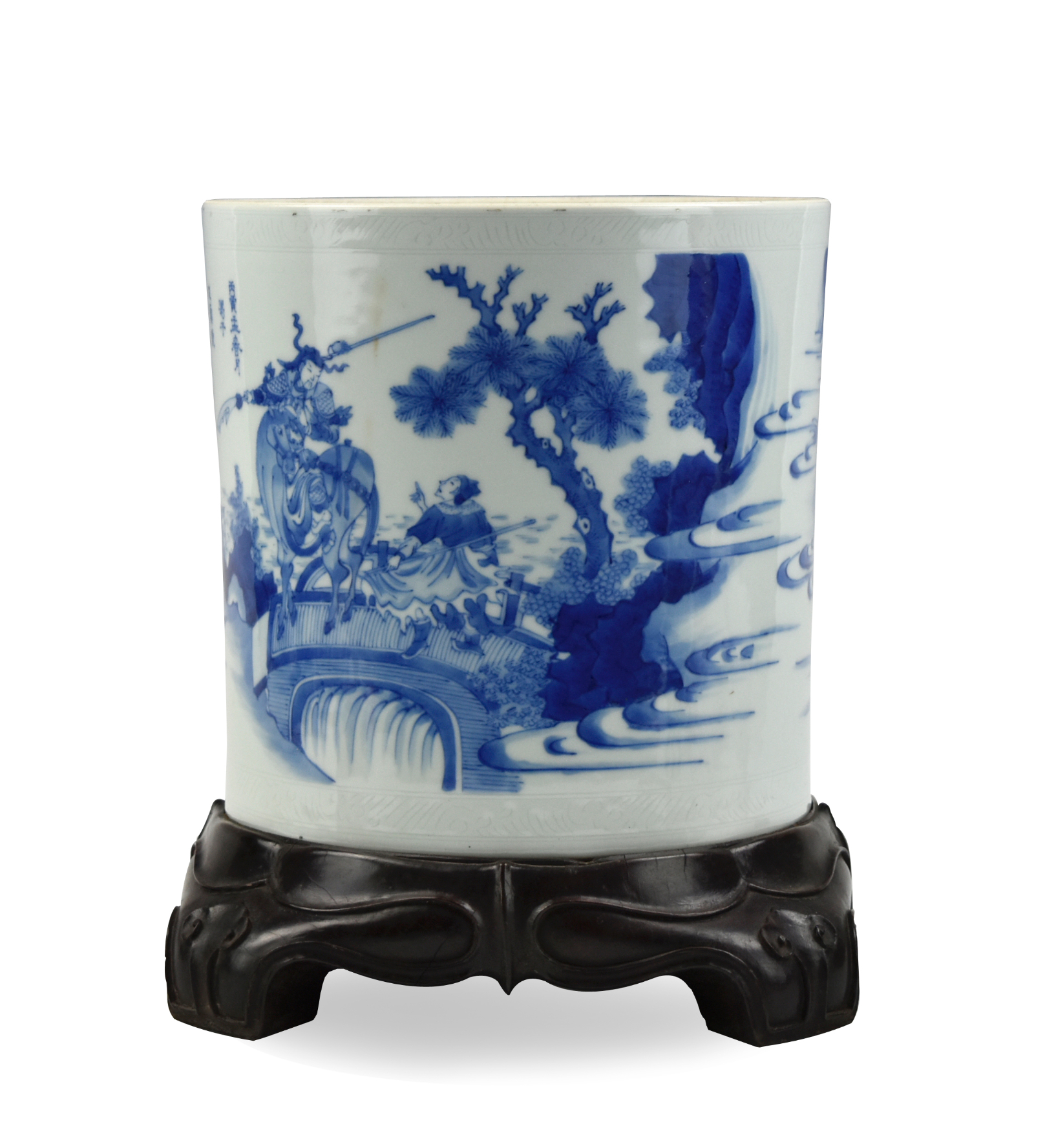 LARGE CHINESE B & W BRUSHPOT & WOOD