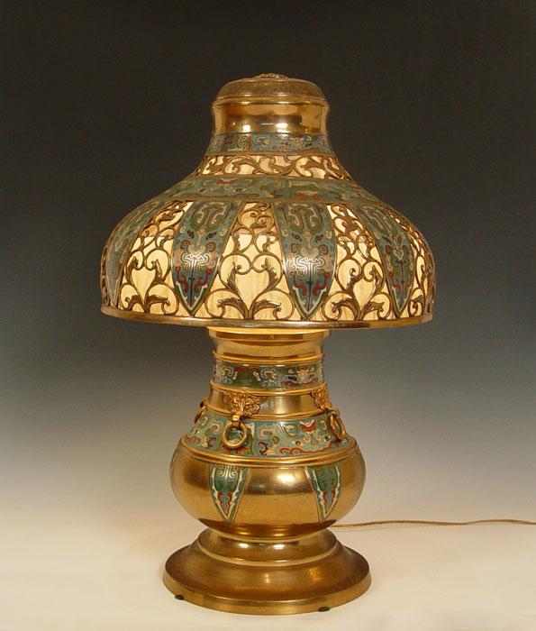 LARGE CHINESE BRASS CHAMPLEVE LAMP:
