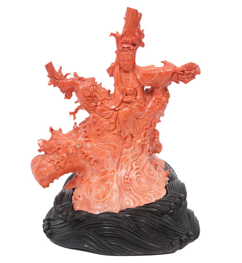 LARGE CHINESE CORAL CARVED FIGURE
