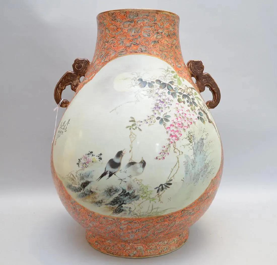 LARGE CHINESE FAUX BOIS AND FAMILLE