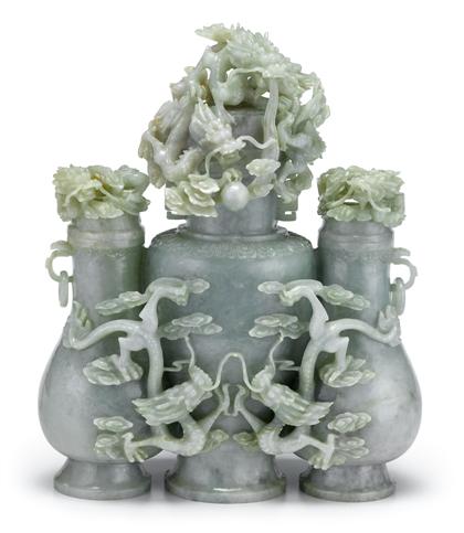 Large Chinese green jadeite 'triple