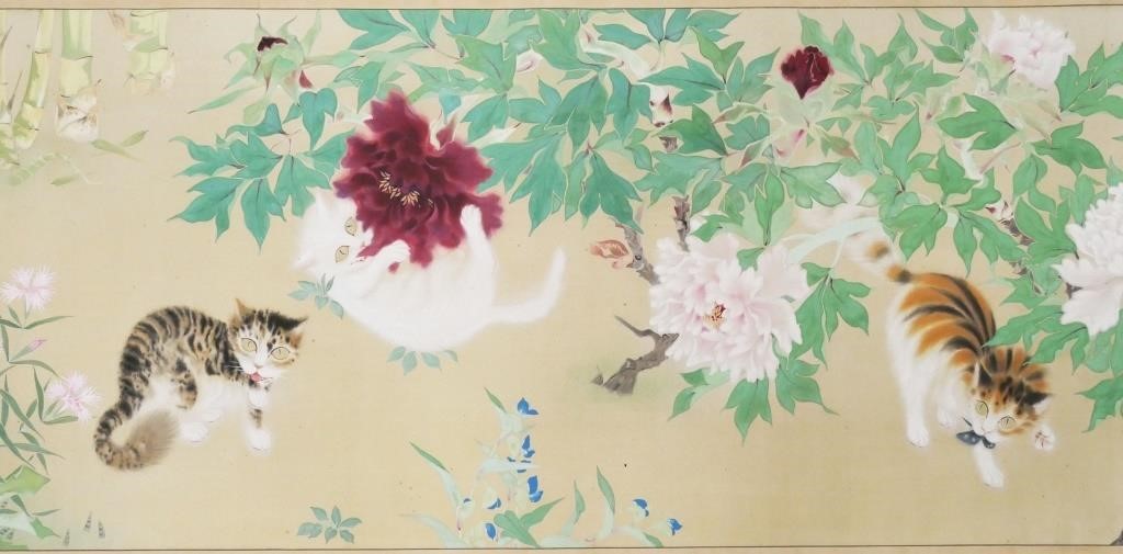 LARGE CHINESE SCROLL W CATS AND
