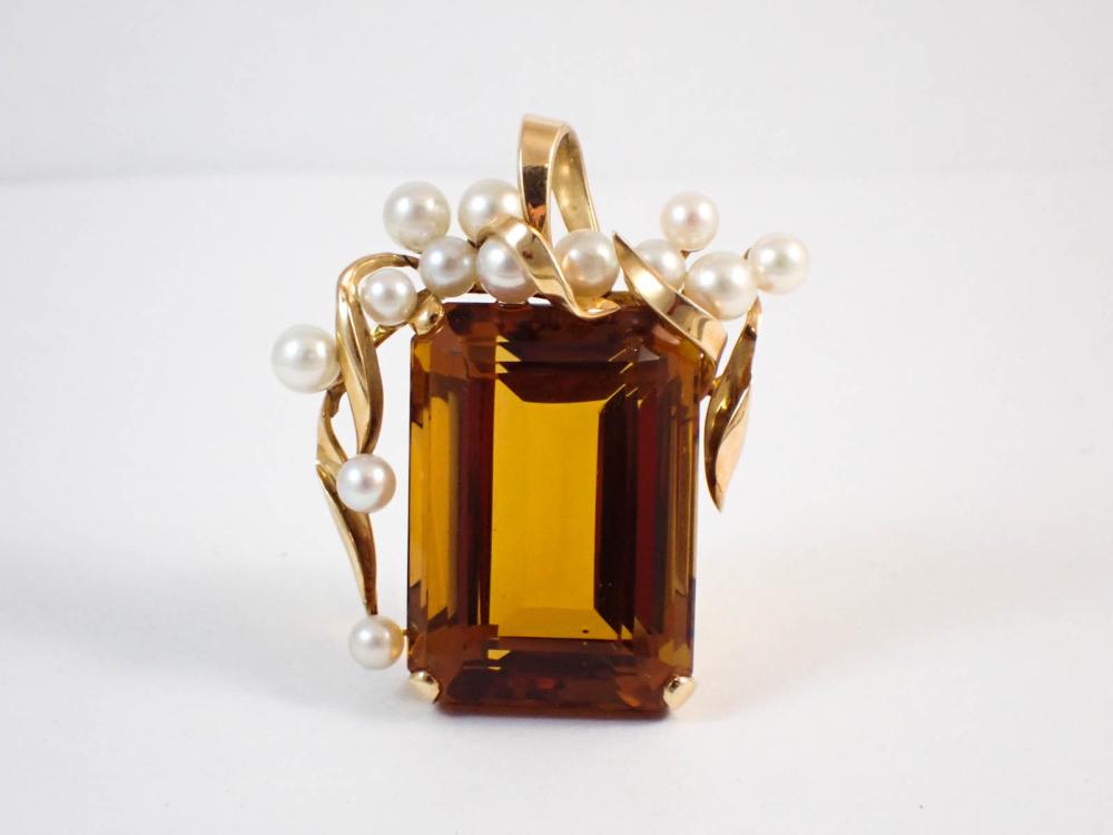 LARGE CITRINE, PEARL AND FOURTEEN