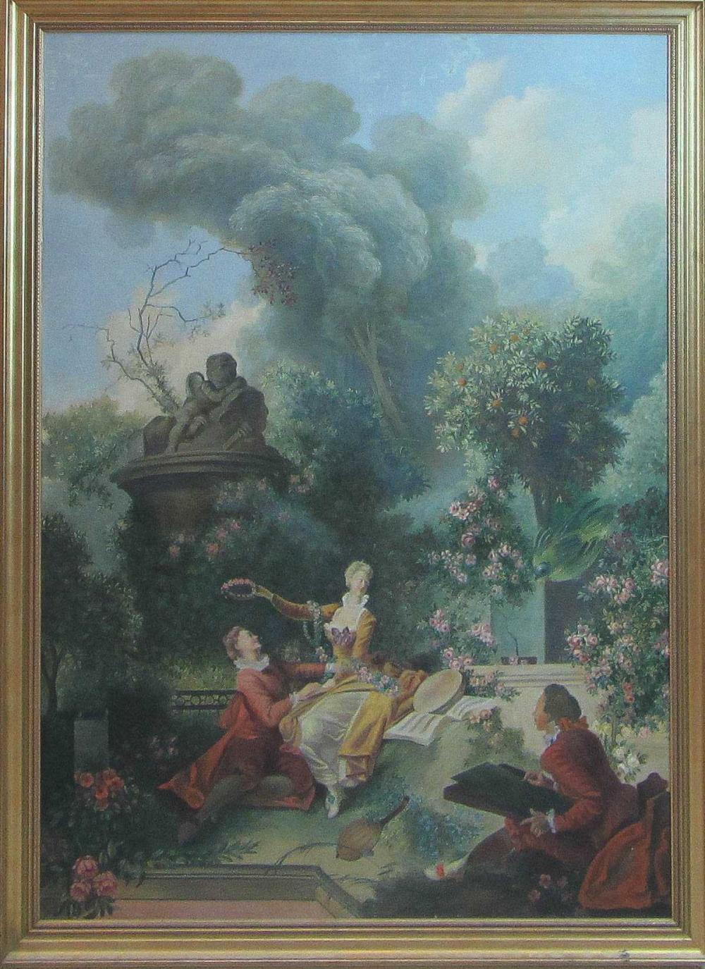 LARGE COURTING SCENE, OIL ON CANVAS