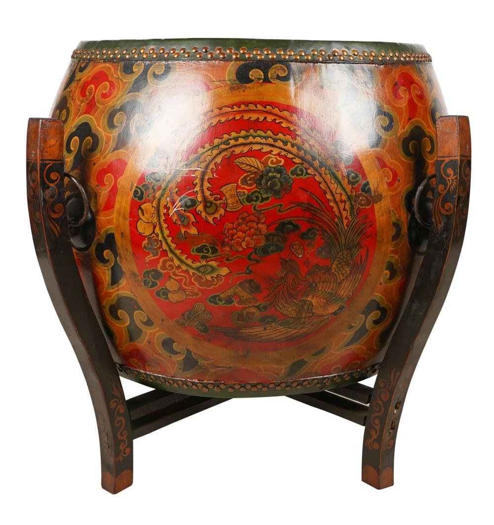 LARGE DECORATED DRUMon stand; 39