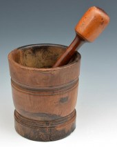LARGE ENGLISH WOODEN MORTAR AN