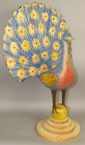 LARGE FOLK ART CARVED PEACOCK
