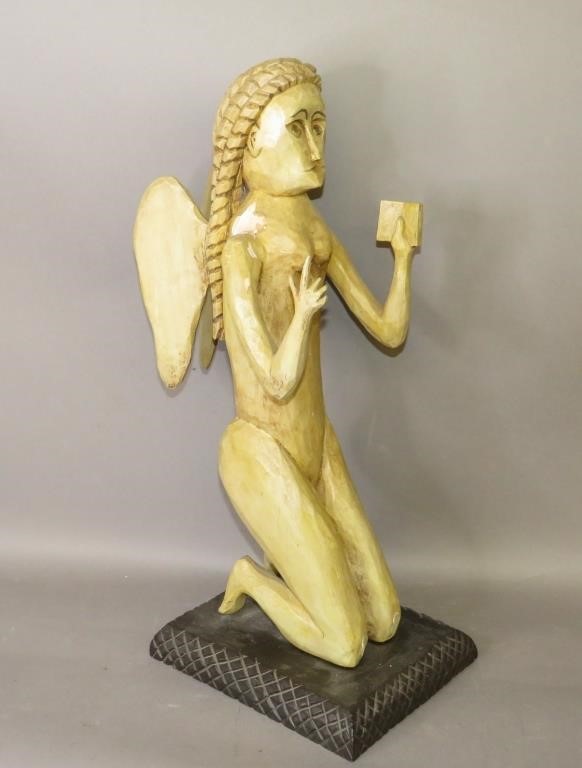 LARGE FOLK ART CARVED PRAYING ANGEL
