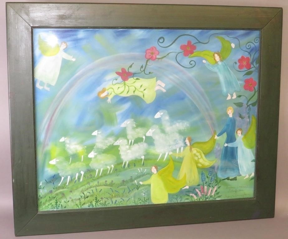 LARGE FRAMED FOLK ART WATERCOLOR