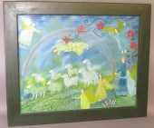 LARGE FRAMED FOLK ART WATERCOL