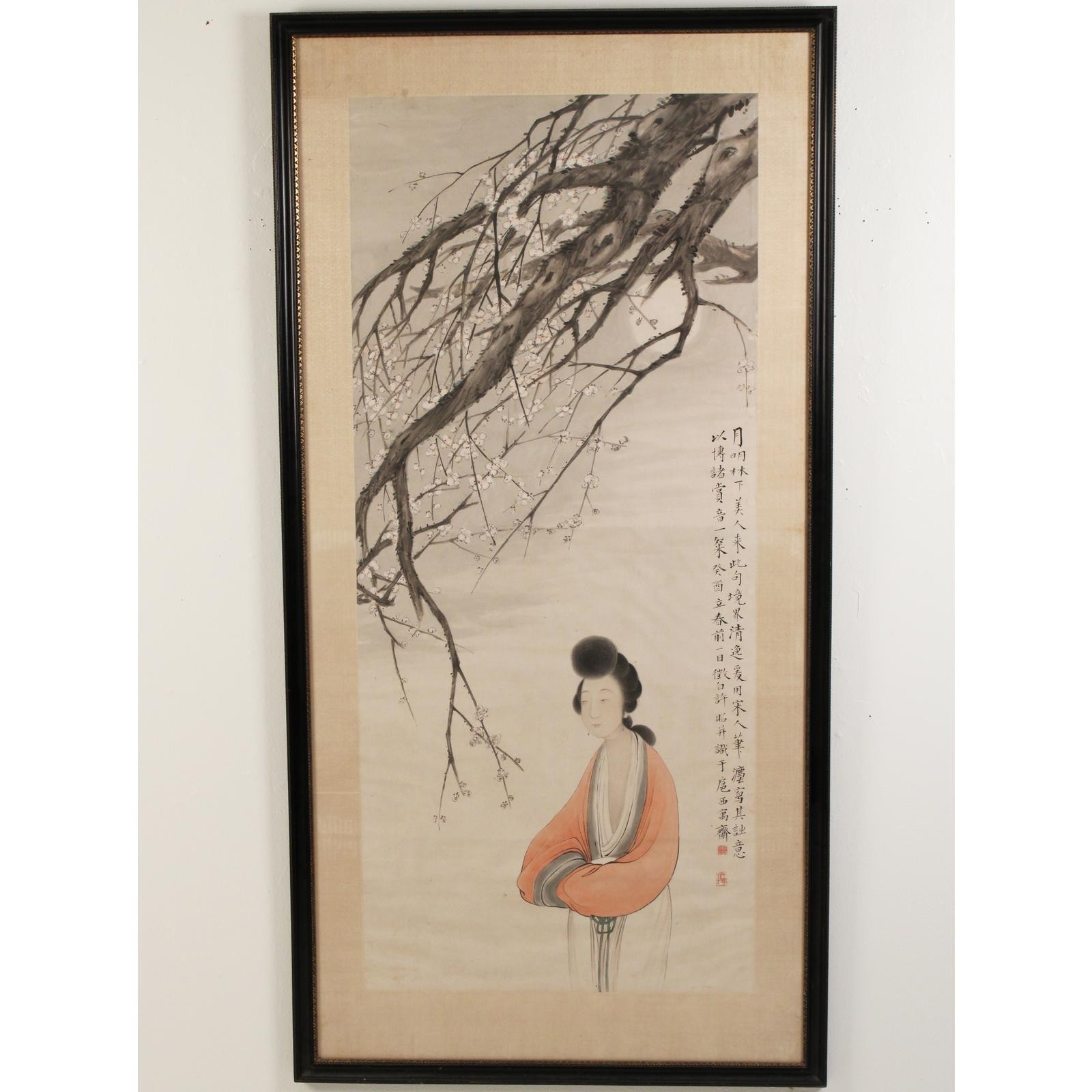 LARGE FRAMED JAPANESE PAINTING ON