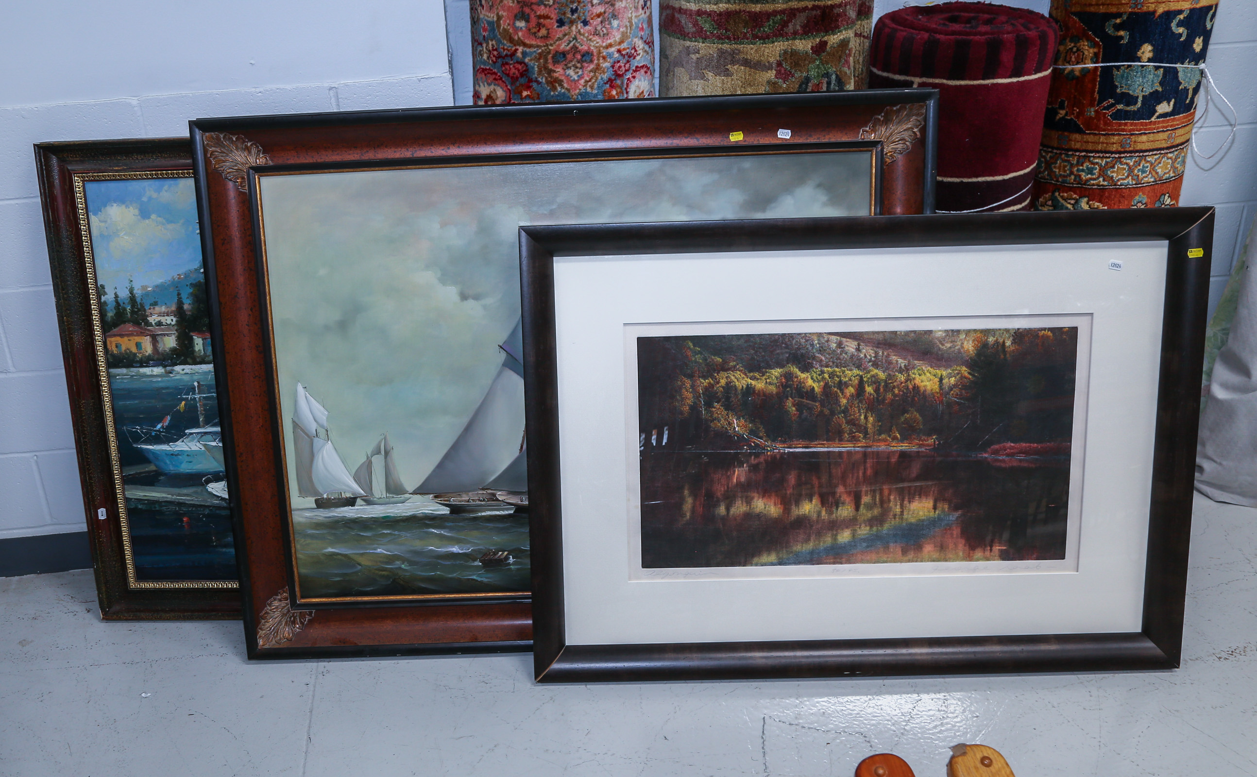 LARGE FRAMED PAINTING & TWO