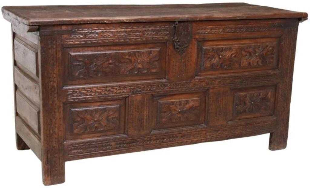 LARGE FRENCH CARVED OAK COFFER/