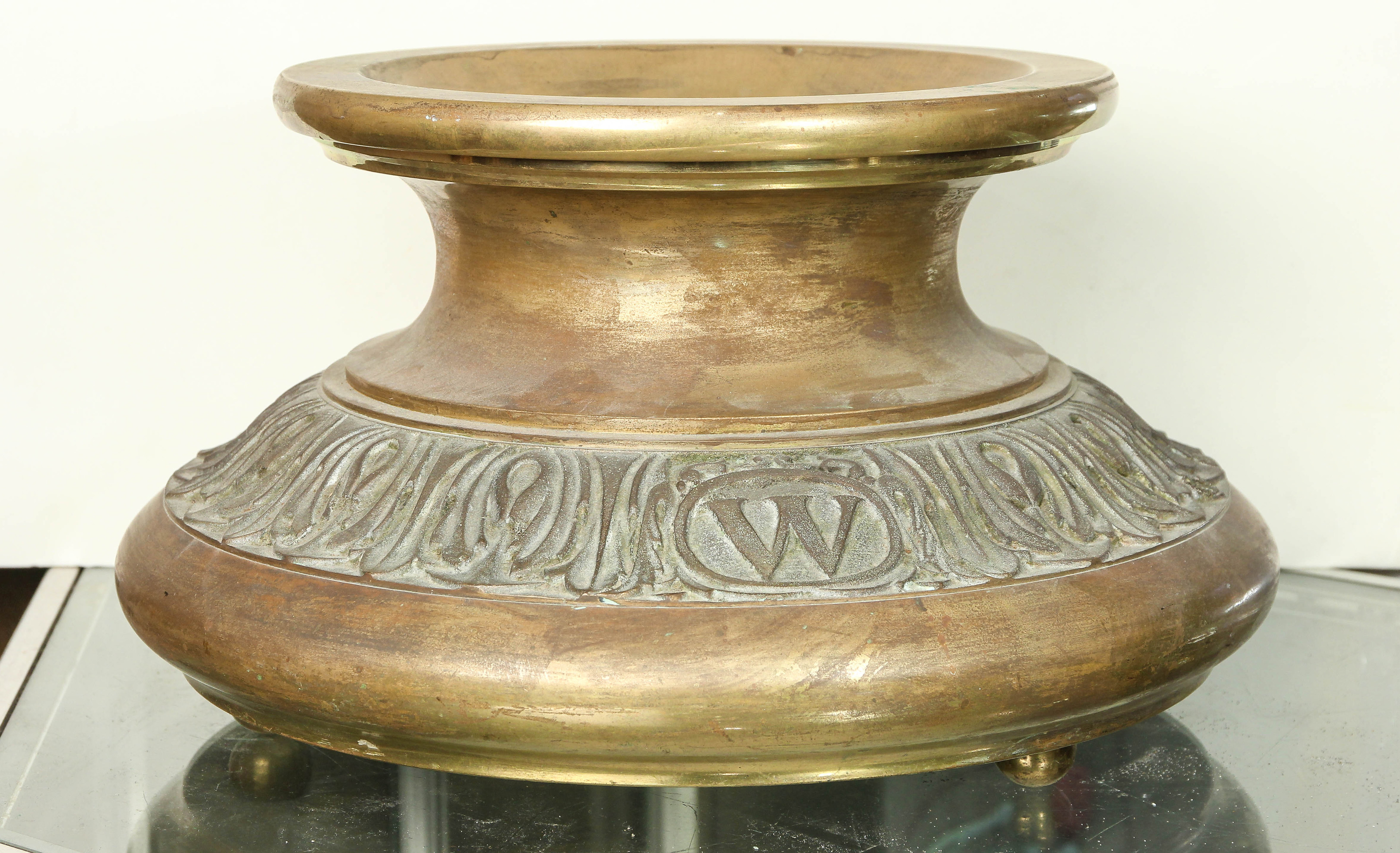 LARGE GILT BRASS SPITOON WITH "W"