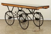 LARGE GLASS TOP OAK IRON FLOWE