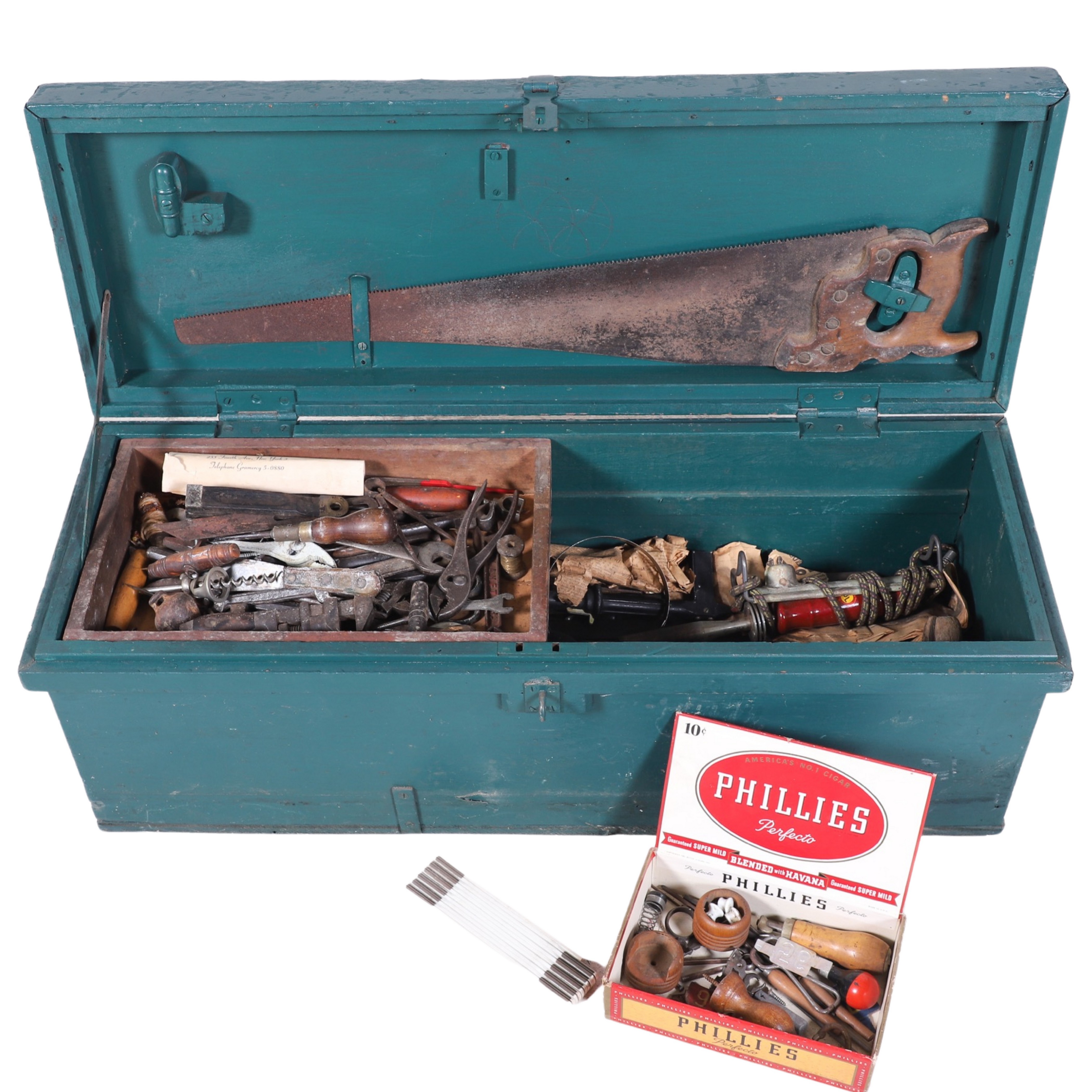 Large green painted wood toolbox