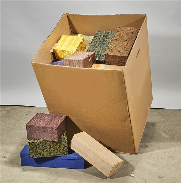 Large group of fitted boxes; of