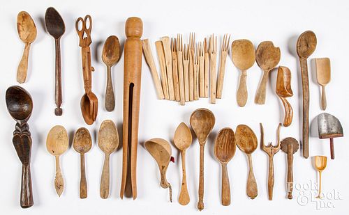 LARGE GROUP OF WOODENWARE, 19TH AND