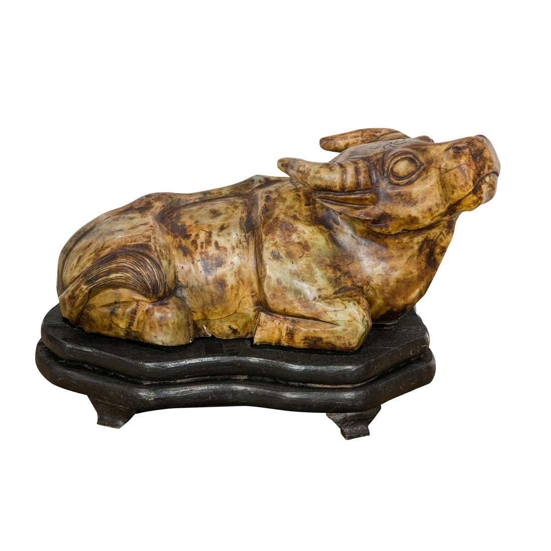 LARGE HARDSTONE BUFFALO WITH WOOD