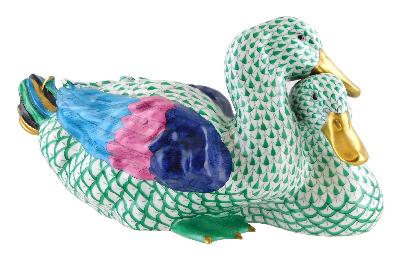 LARGE HEREND PORCELAIN GROUP DUCK