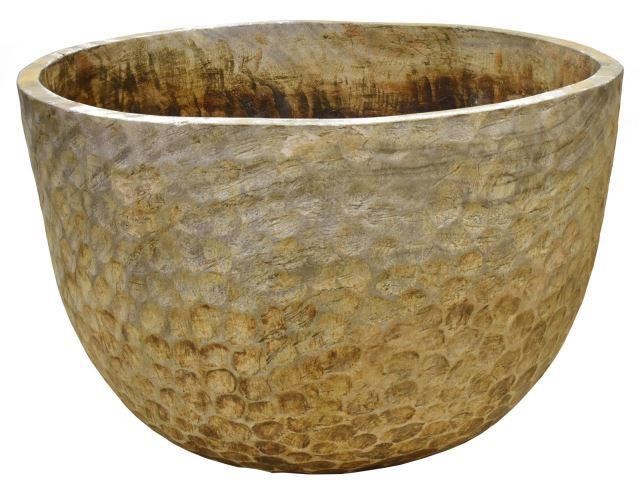 LARGE HEWN WOOD BOWL PLANTER,