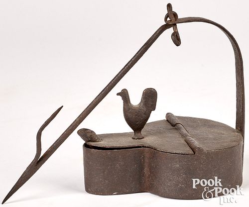 LARGE IRON FAT LAMP, 19TH C.Large