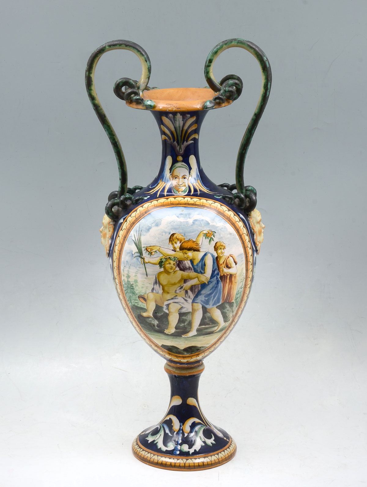 LARGE MAJOLICA SNAKE HANDLED URN: