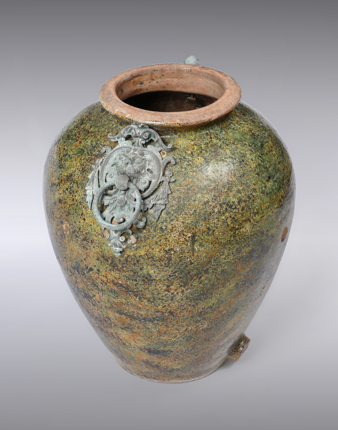 LARGE METAL MOUNTED FLOOR VASE: Old