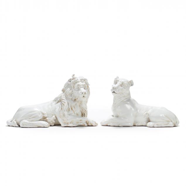 LARGE MOTTAHEDEH RECUMBENT LION AND