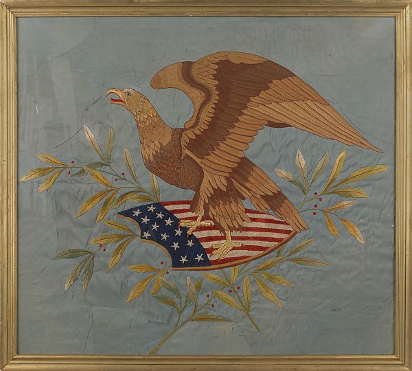 Large needlework on silk panel 19th
