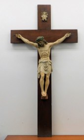 LARGE OAK & PAINTED METAL RELI