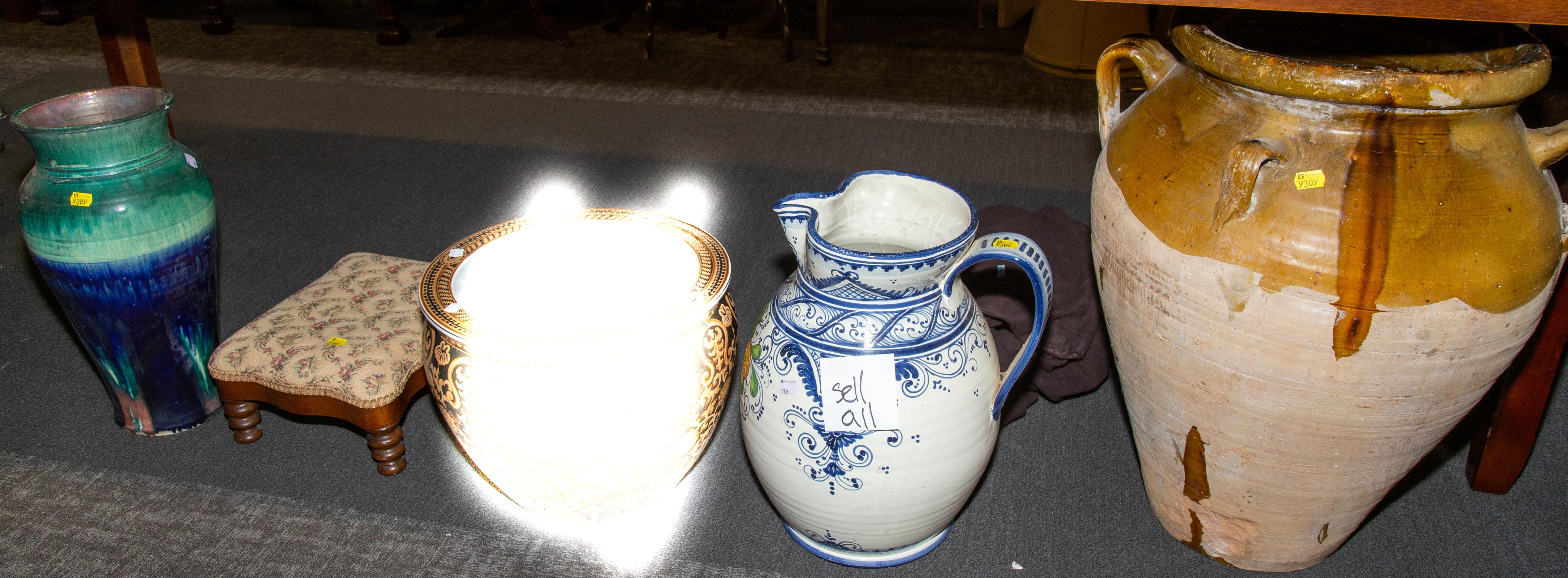 LARGE OIL JAR; VASE, PITCHER, &