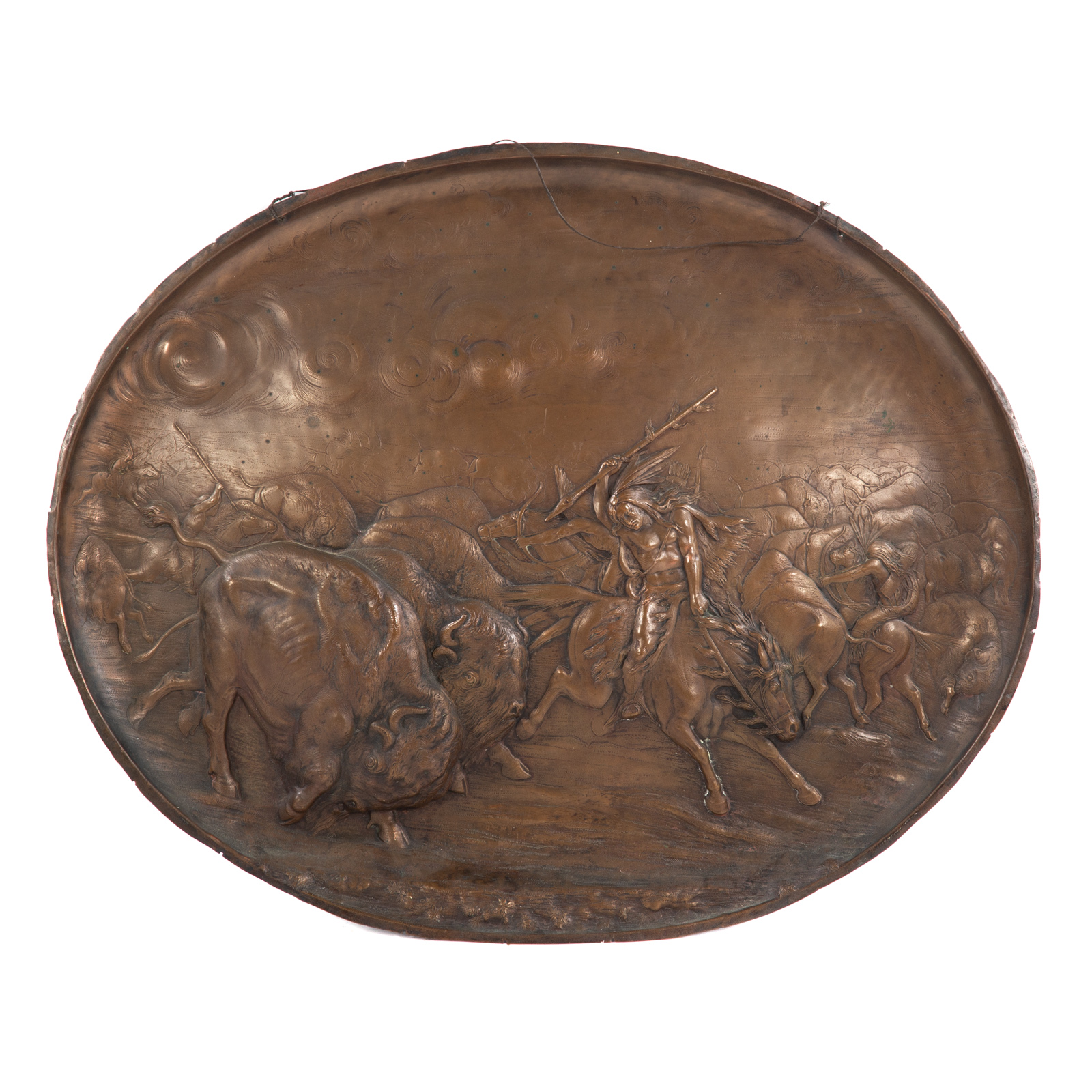 LARGE OVAL COPPER BUFFALO HUNT