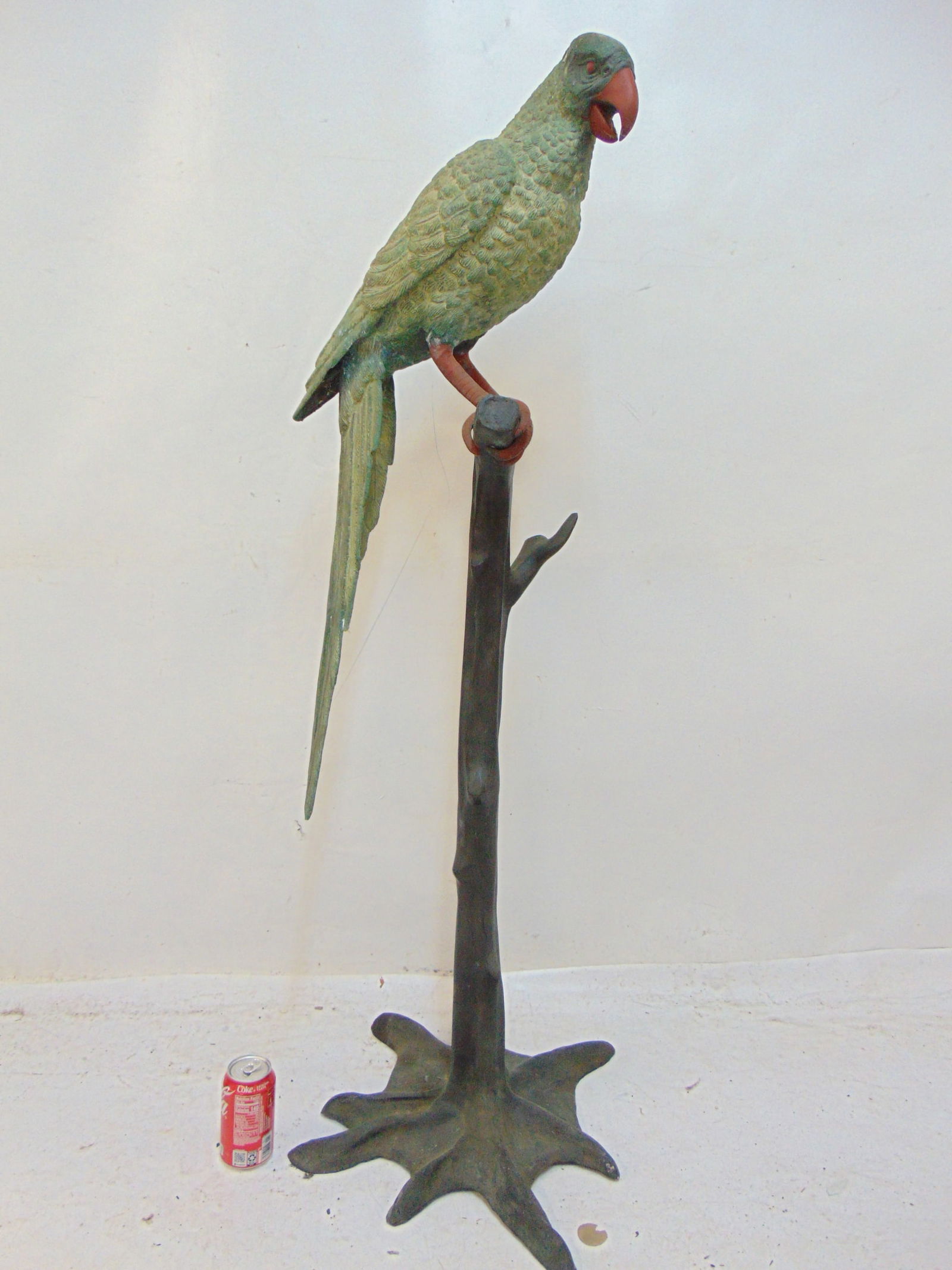 LARGE PAINTED BRONZE PARROT ON