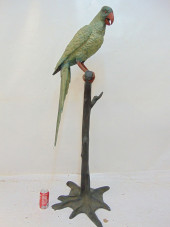 LARGE PAINTED BRONZE PARROT ON