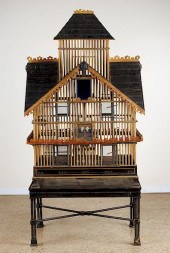 LARGE PAINTED WOOD BIRD CAGE M