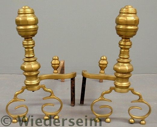 Large pair of brass andirons 19th