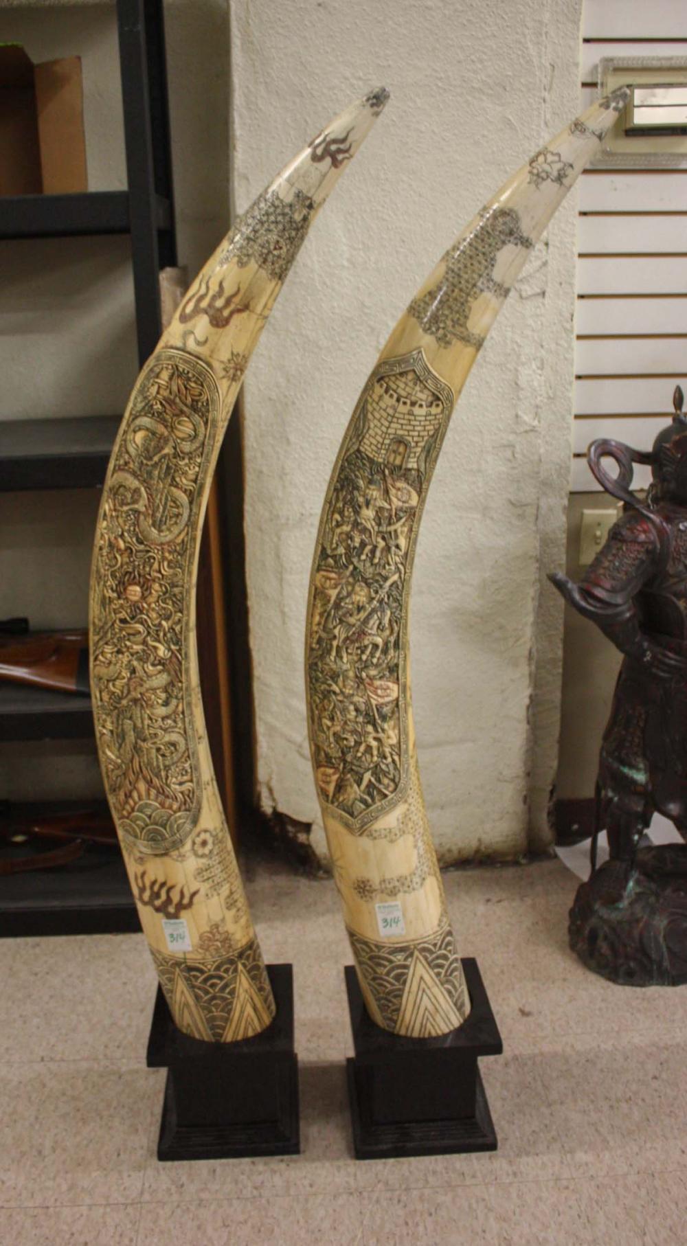 LARGE PAIR OF SCRIMSHAW DECORATED
