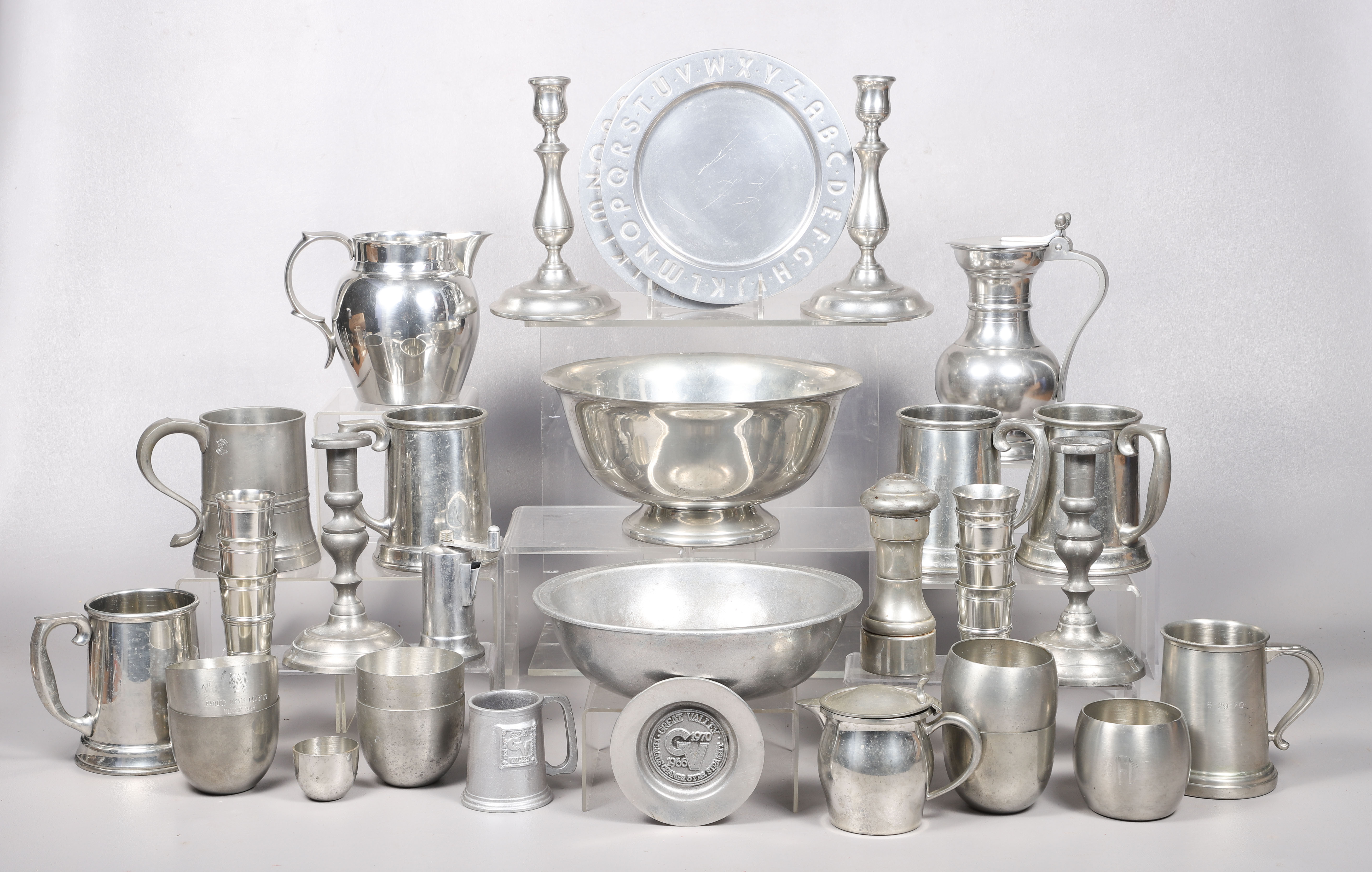 Large pewter grouping to include an