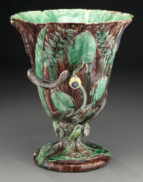 Large Portuguese palissy vase by M.