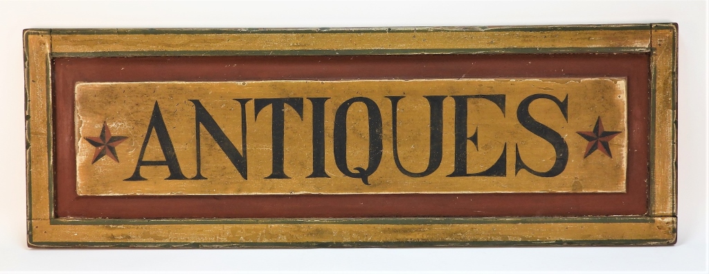 LARGE RED AND BLUE ANTIQUES SIGN
