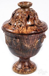 LARGE REDWARE COVERED URN WITH