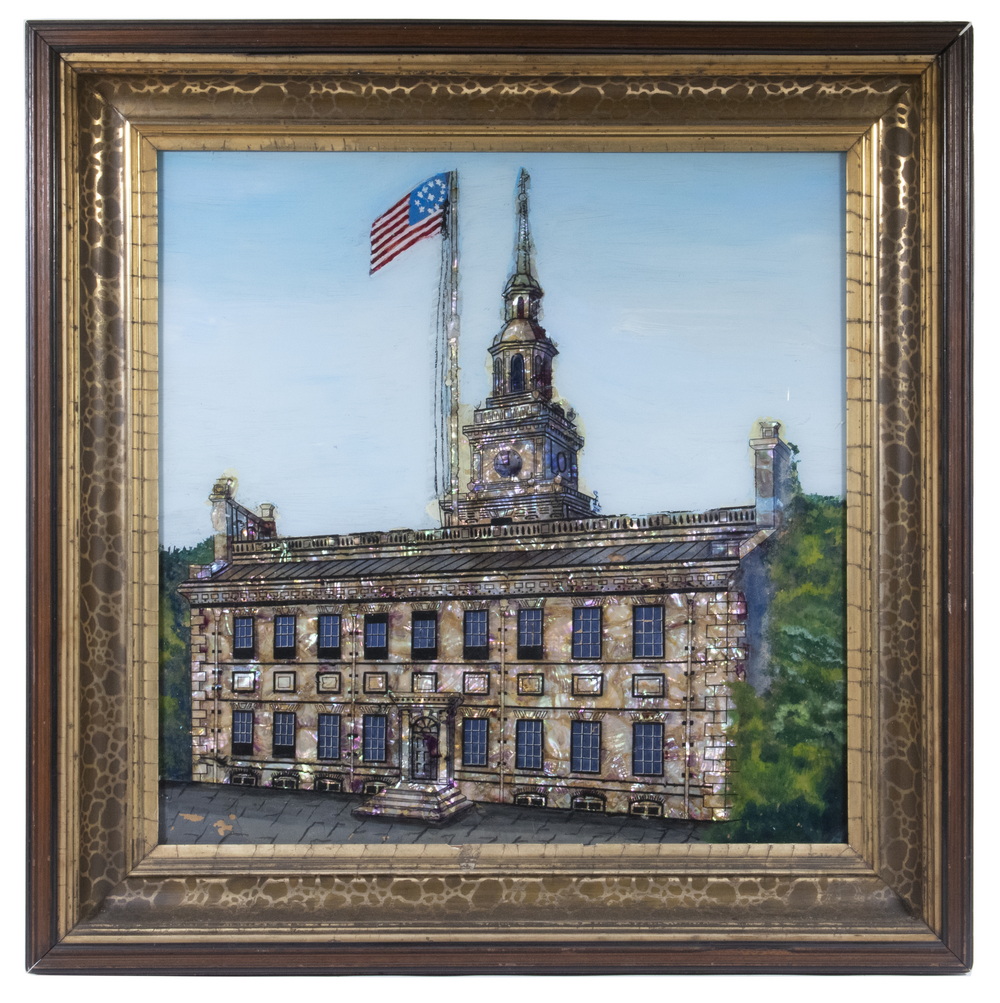 LARGE REVERSE GLASS PAINTING OF